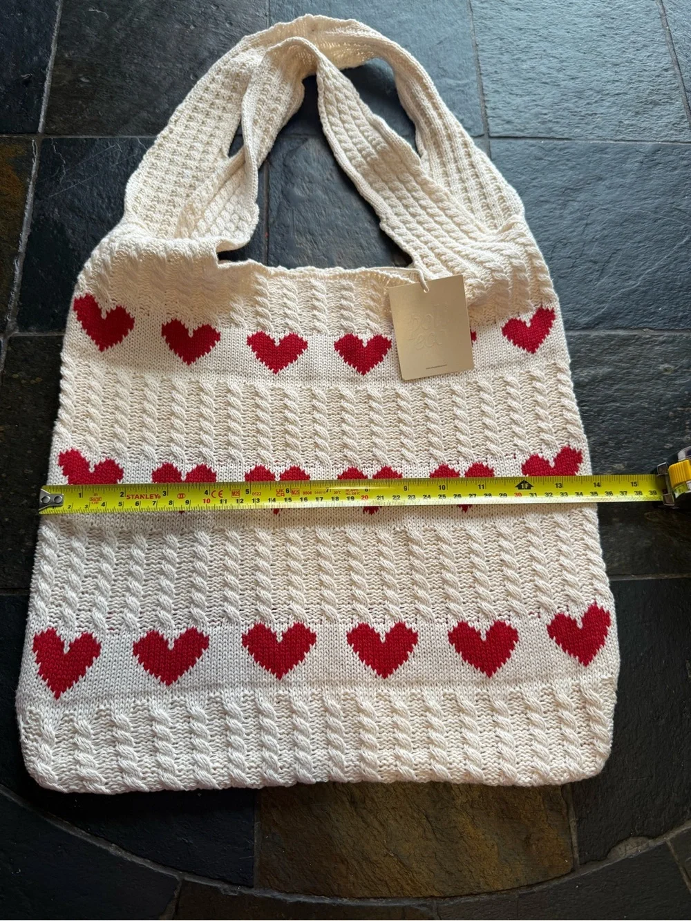 Cream Knit Hobo Bag with Red Heart Pattern
